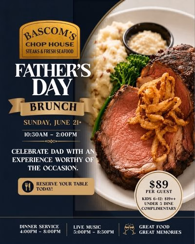 Father's Day brunch promotion featuring prime rib at Bascom's Chop House in Clearwater, FL