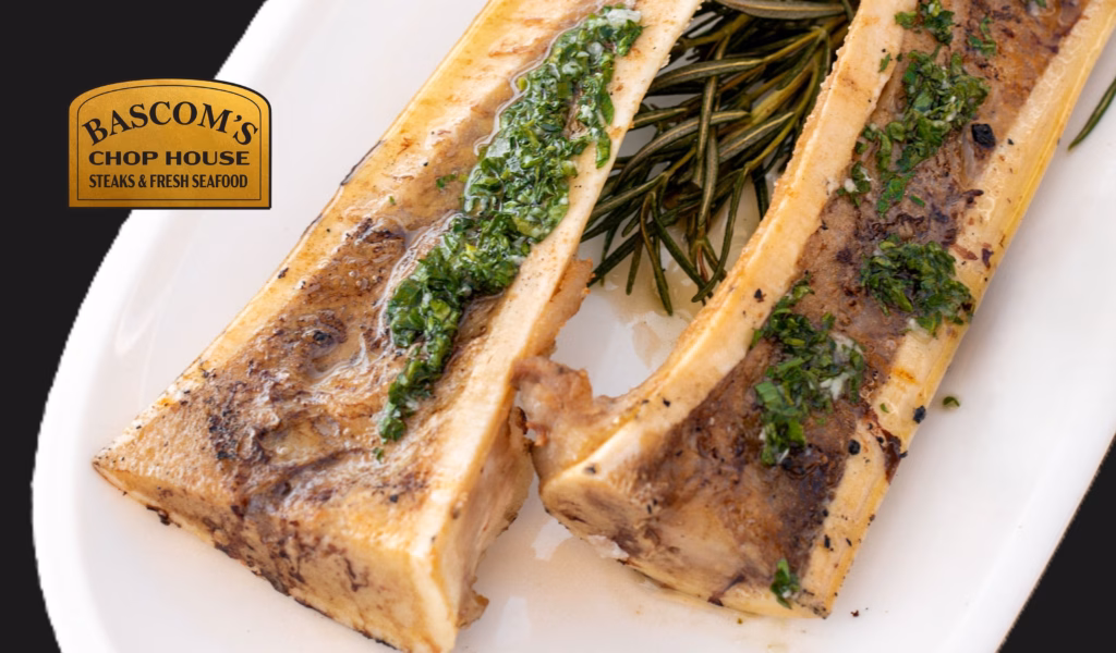 Split bone marrow topped with herb chimichurri at Bascom’s Chop House in Clearwater